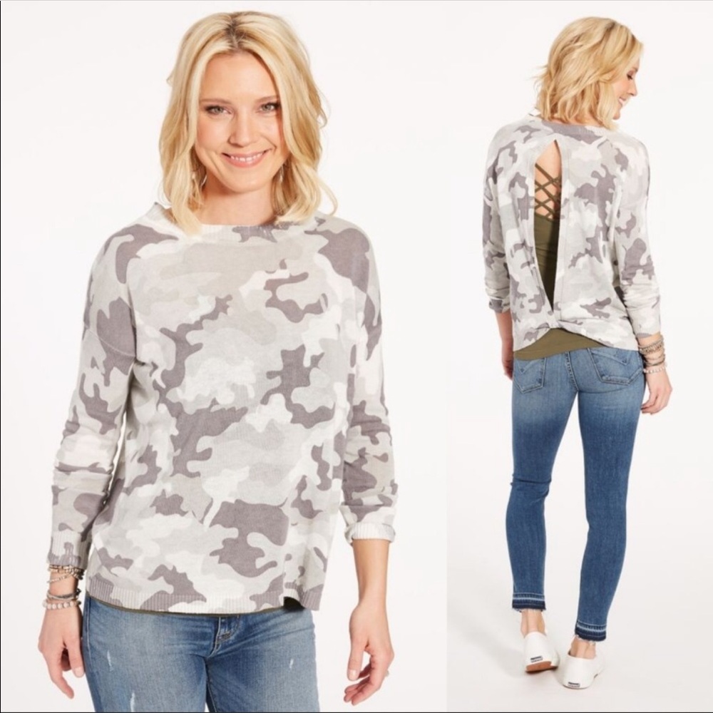 Jamison Peekaboo Back Knit Linen Camo Print Lightweight Sweater Size XS